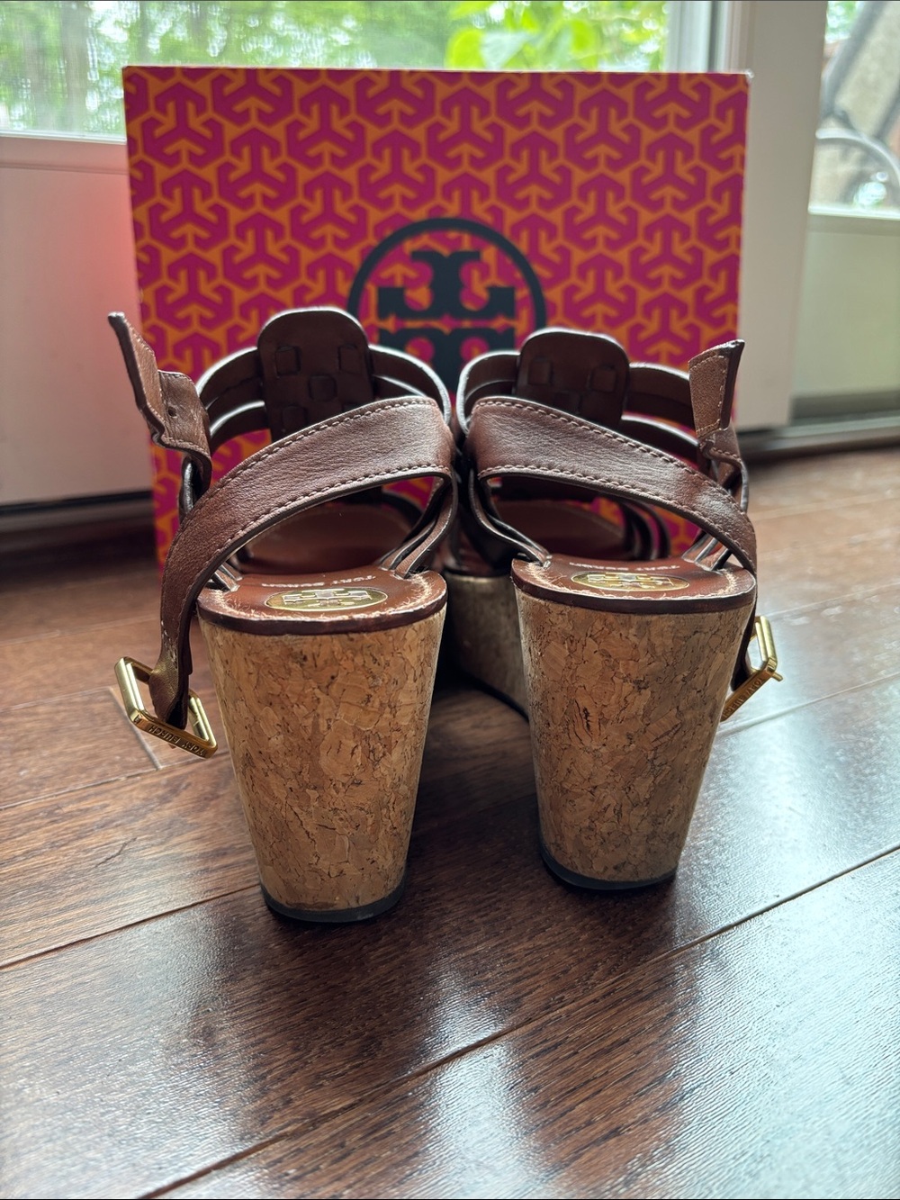 Tory Burch Brown Leather Cork Wedge Sandals - Picture 4 of 9